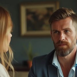 A man with a serious expression looking at a women illustrates the third agreement: Don't make assumptions