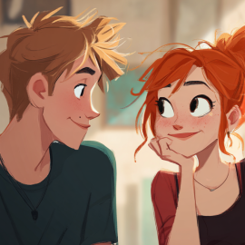 A cartoon of a boyfriend complimenting his girlfriend with words of affirmation