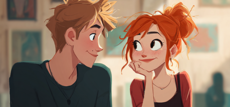 The Words of Affirmation Love Language & Its 4 Dialects Ein Cartoon, in dem ein Freund seiner Freundin mit bestätigenden Worten ein Kompliment macht.