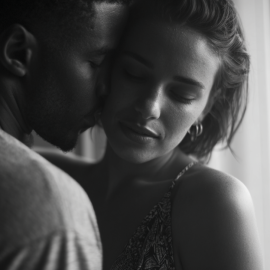 A black and white image of a man and woman hugging, expressing the physical touch love language