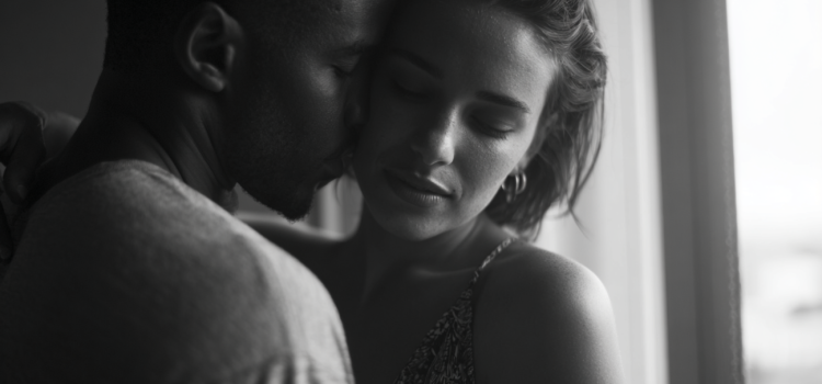 Physical Touch Love Language: How to (& Not to) Show Affection Ein Schwarz-Weiß-Bild von einem Mann und einer Frau, die sich umarmen und damit die Sprache der Liebe durch körperliche Berührung ausdrücken.