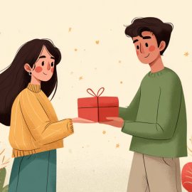 A cartoon of a couple exchanging gifts