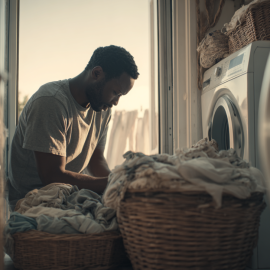 Um homem lavando roupa como um ato de serviço