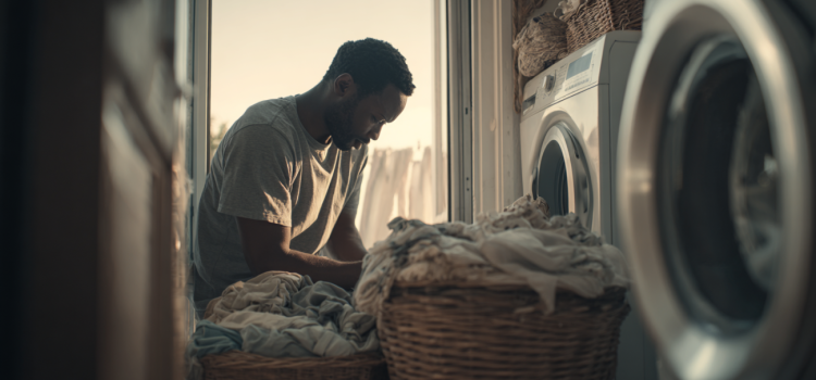 Acts of Service Love Language: The Complete Guide Ein Mann, der als Dienstleistung eine Ladung Wäsche wäscht