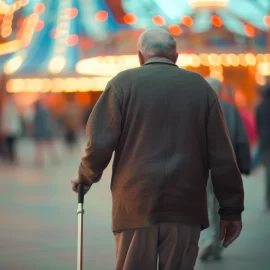 An elderly man walking with a cane in an amusement park