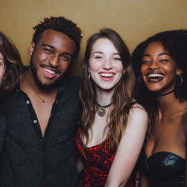 A group of friends in their 20s or 30s dressed up for a formal party