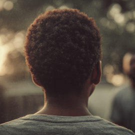A young boy looking up to his father while they stand in a yard