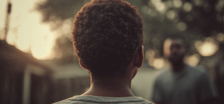 A young boy looking up to his father while they stand in a yard