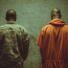 Two men from behind. One wears an army uniform and the other wears a prison jumpsuit