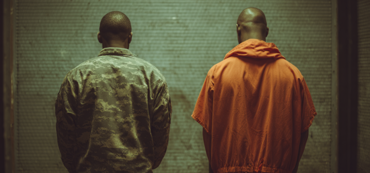 The Two Wes Moores: One Name, Two Fates Two men from behind. One wears an army uniform and the other wears a prison jumpsuit