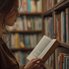 A young woman with long brown hair with curls holding an open book and reading it in a book store with bookshelves around her