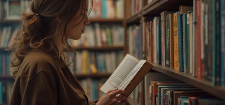 The 5 AM Club Quotes by Robin Sharma A young woman with long brown hair with curls holding an open book and reading it in a book store with bookshelves around her