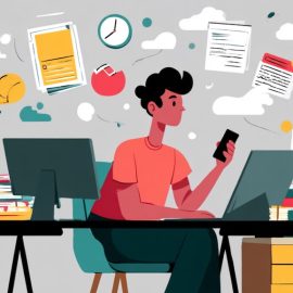 A person working at a desk with a desktop computer and a laptop while using a mobile phone illustrates the multitasking myth