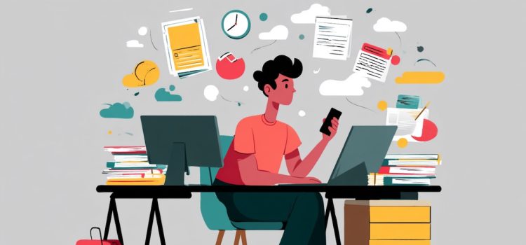 A person working at a desk with a desktop computer and a laptop while using a mobile phone illustrates the multitasking myth