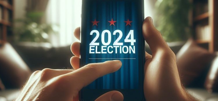 How Social Media Is Handling AI Election Misinformation A cellphone with a screen that says "2024 ELECTION"
