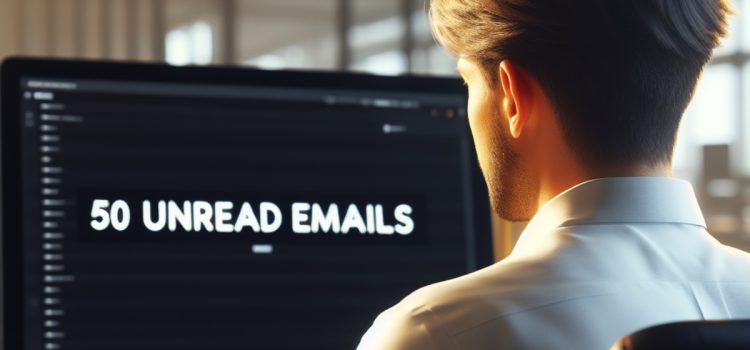 A man sitting at a desk, trying to organize emails as the screen reads "50 unread emails."