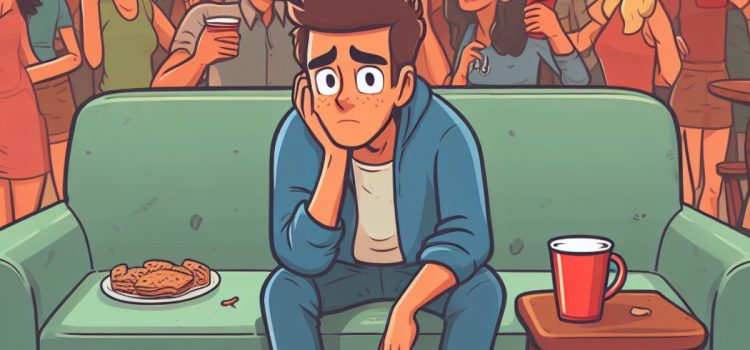 A cartoon of a guy who needs situational anxiety treatment, sitting along and nervously at a party.