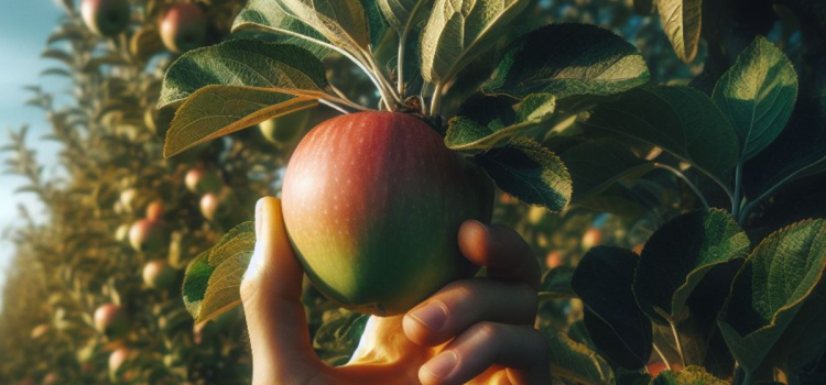 A hand picking an apple in an orchard.