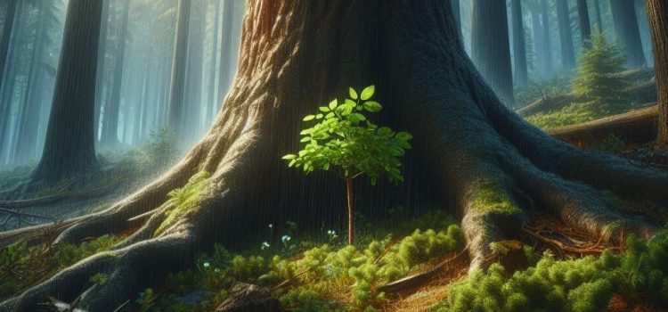 An image representing symbiosis in nature as a large tree protects a sapling.