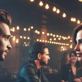 A man and a woman talking in a bar with string lights above them.