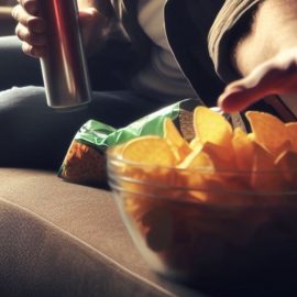 A man affected by dopamine and impulsivity as he sits on the couch and eats potato chips.