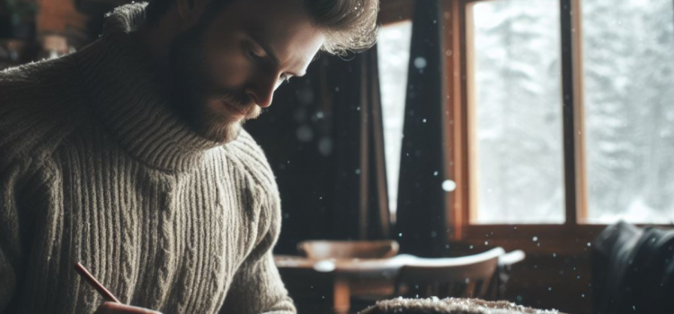 A man writing in a cabin while is snows outside.