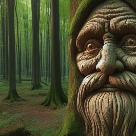 A wise face carved into a tree in a forest, symbolizing sentient trees.