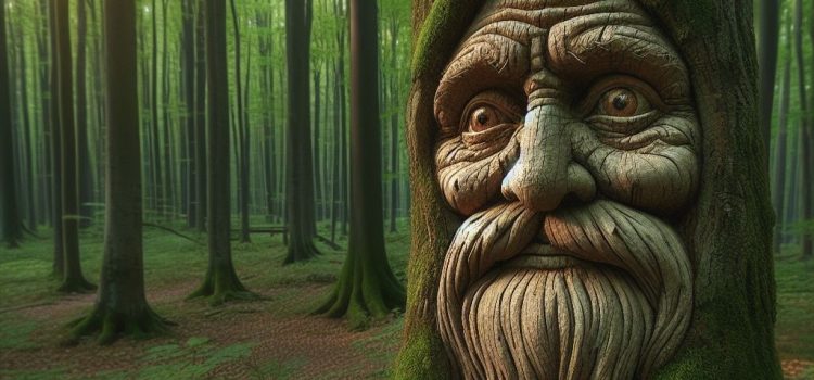 A wise face carved into a tree in a forest, symbolizing sentient trees.