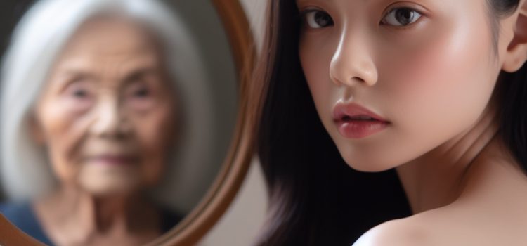 A young woman wondering how to age slower as an older version of herself looks at her through a mirror.
