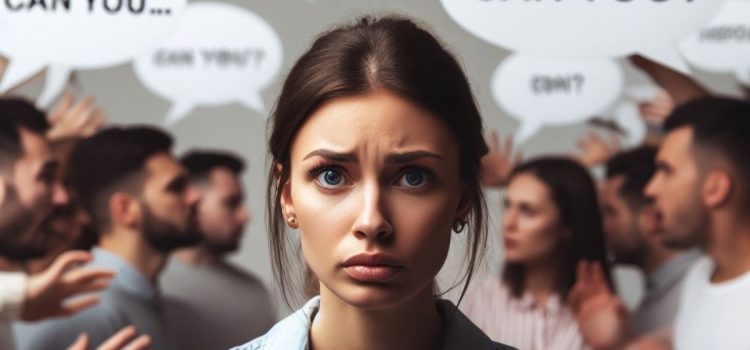 An upset woman surrounded by people who are asking her favors.