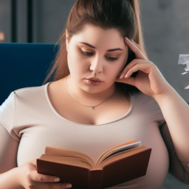 A woman reading a book and refusing to get motivated as she's surrounded by piles of papers.