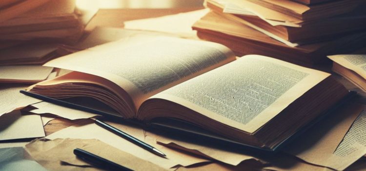 An open book on a messy table.