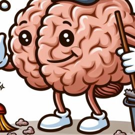 A cartoon brain sweeping and mopping to represent mental decluttering.