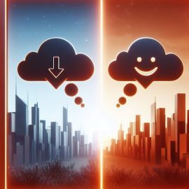 A split image of a city with emotional cloud bubbles over them as cognitive reframing techniques.