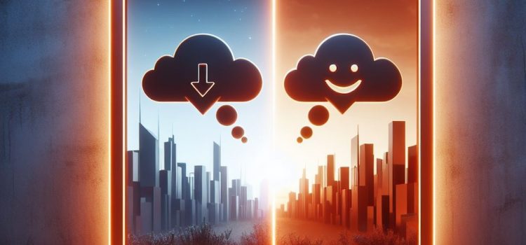 A split image of a city with emotional cloud bubbles over them as cognitive reframing techniques.