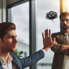 A man knowing how to deal with a toxic person at work by putting his hand up to him.