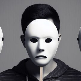A black and white image of a person trying to understand emotions, and holding up three different emoted masks.