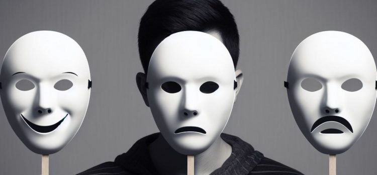 A black and white image of a person trying to understand emotions, and holding up three different emoted masks.