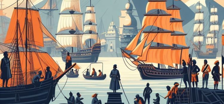 The rise of East India Company illustrated with soldiers and ships on water.