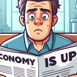 A sweaty man experiencing economic pessimism as he reads a paper saying the economy is up.