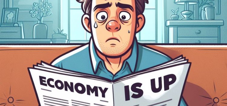 A sweaty man experiencing economic pessimism as he reads a paper saying the economy is up.