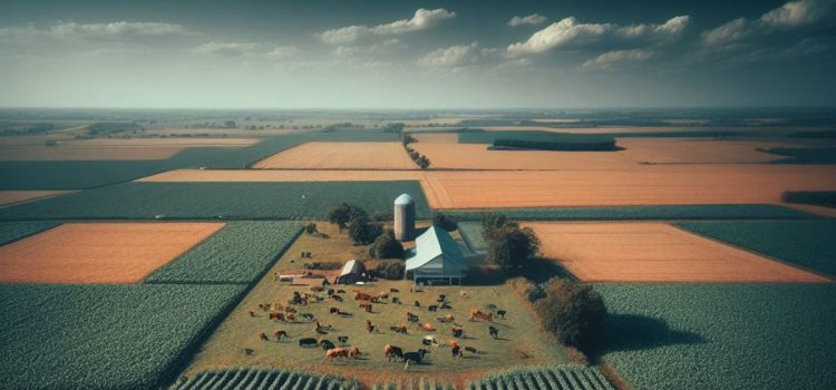 A wide shot of a farm field with a barn as an alternative to pesticides.