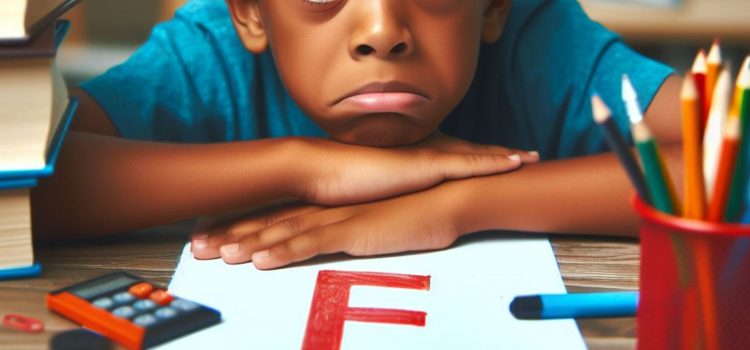 A sad boy with a paper labeled "F," failing to overcome a fear of failure