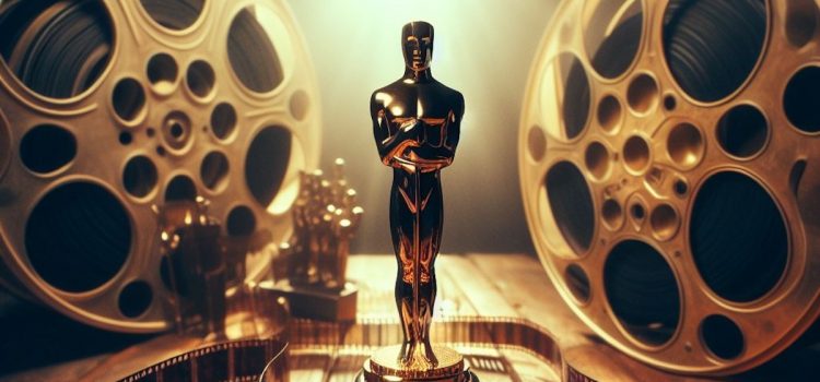 An Academy Award statue standing in the middle of two film reels.