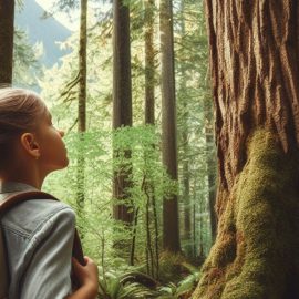 A young girl connecting with nature by looking up at a tree.