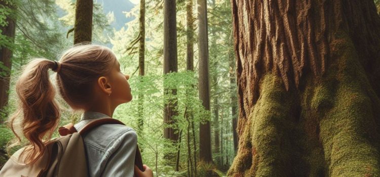 A young girl connecting with nature by looking up at a tree.