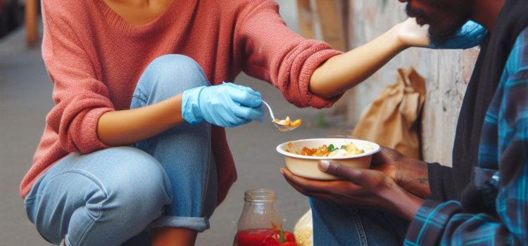 A woman feeding a homeless person on the street to avoid social harms.