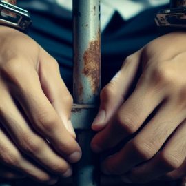 A pair of handcuffed hands sitting outside prison bars.