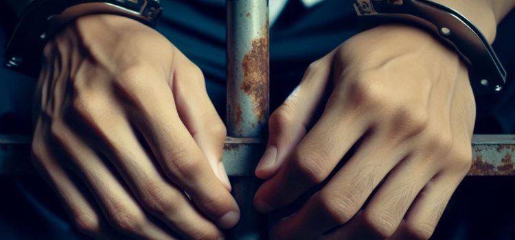 A pair of handcuffed hands sitting outside prison bars.