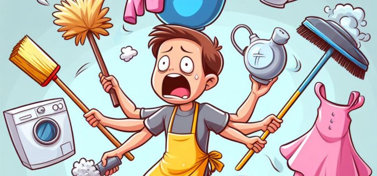 A cartoon of a man trying to get their house in order as they juggle chores.